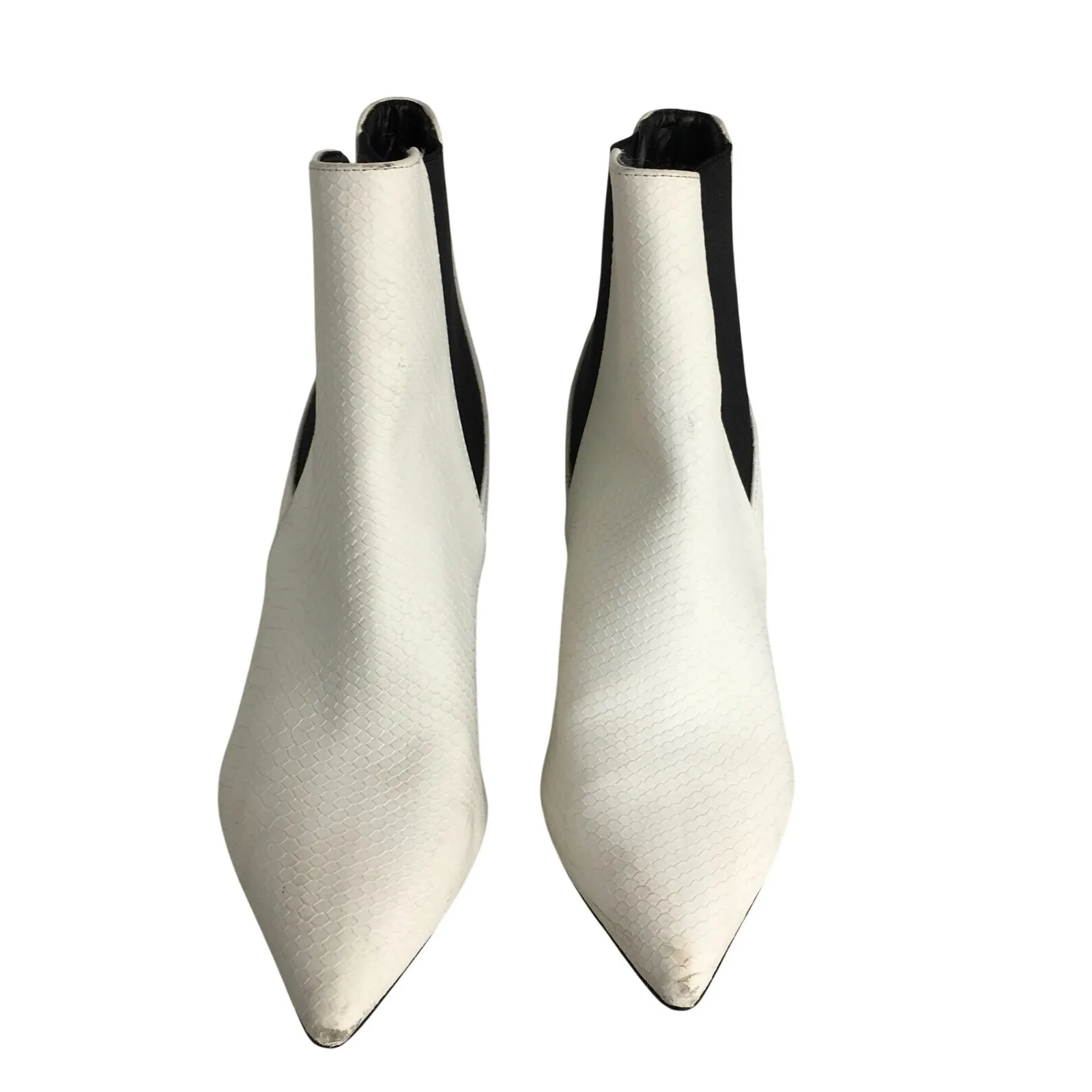 White Faux Snake Print Pointed Toe Block Heel Ankle Boots Women's Size 10 - Image 2