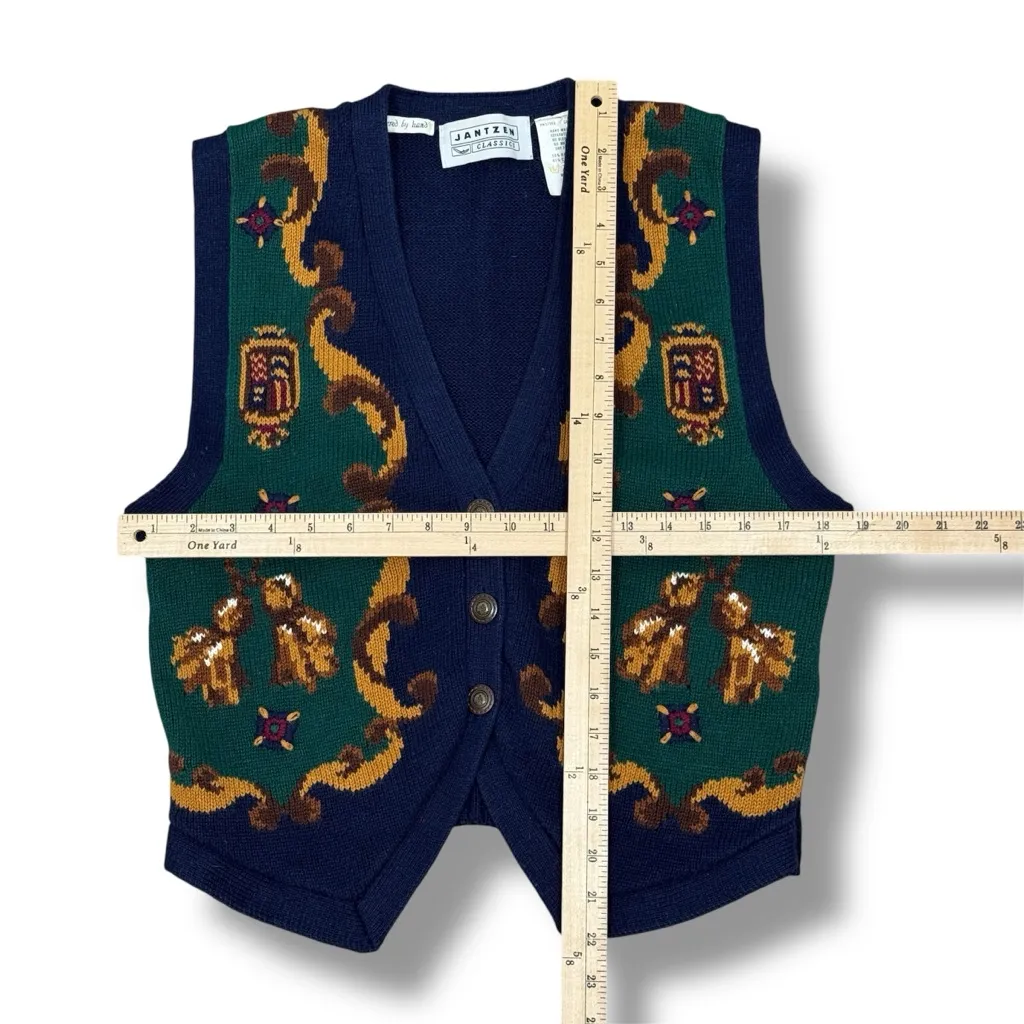 Vintage 80s Jantzen Baroque Equestrian V Neck Sweater Vest Blue Small - Image 11