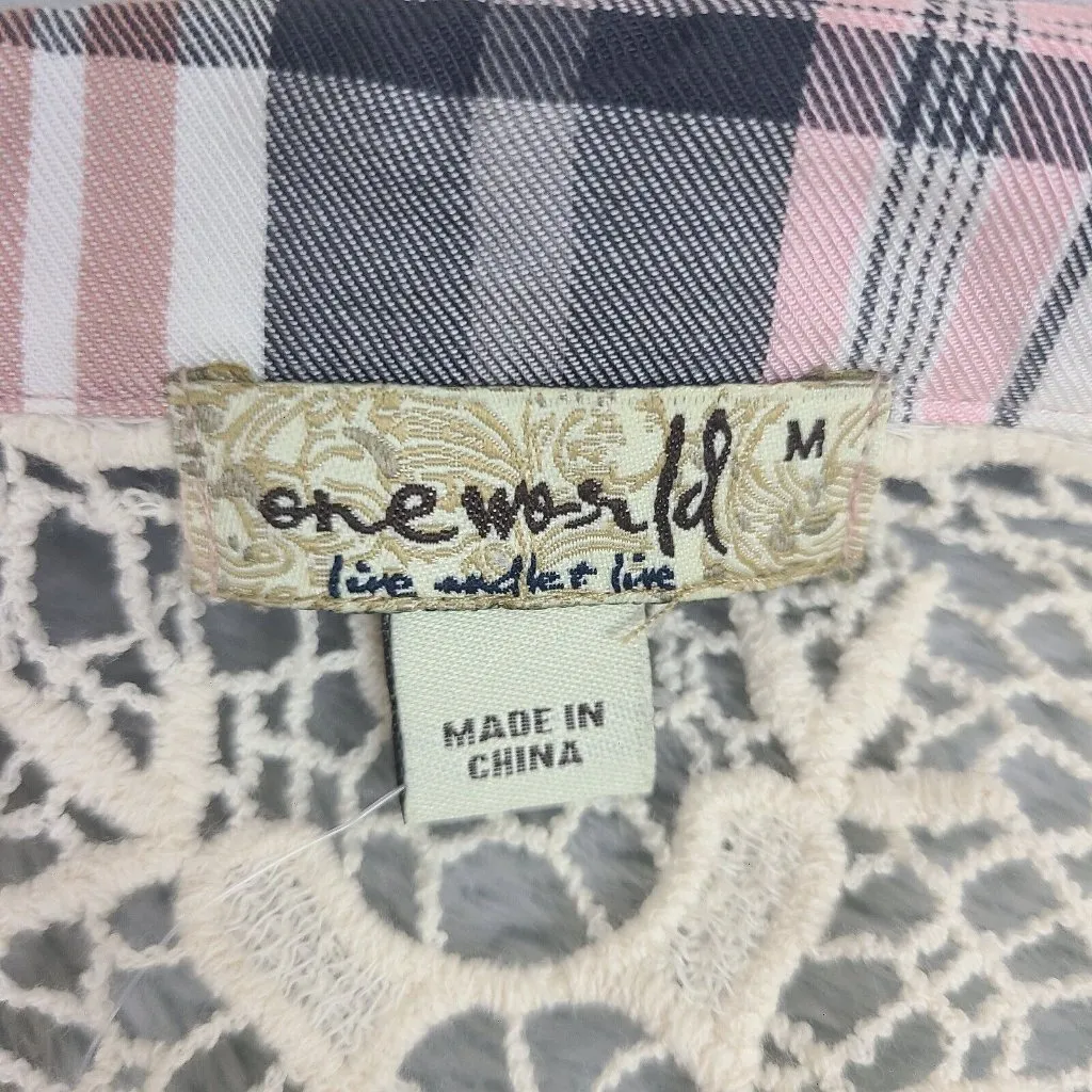 One World‎ Womens Cardigan Medium Plaid Lace Back Open Drape Front Waterfall - Image 2