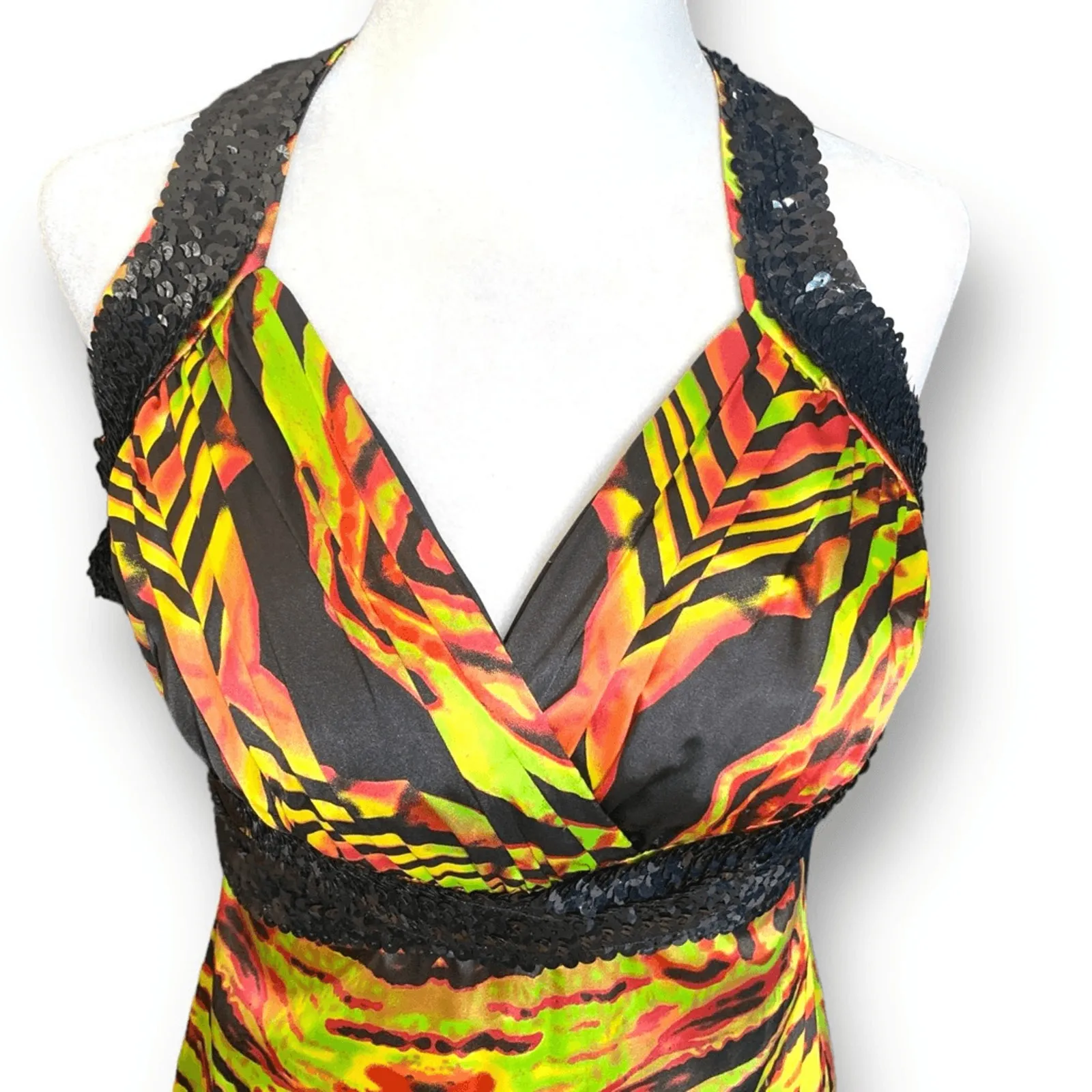 Vintage Zum Zum Niki Livas Halter Maxi Dress Size 6 Abstract Animal Print Yellow - Image 4