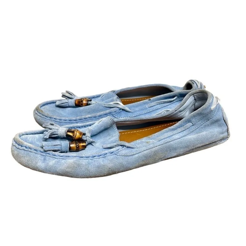 Gucci Moccasin Suede Driver Loafer Flats Slip On Light Blue Bamboo Tassel 7‎ - Image 2