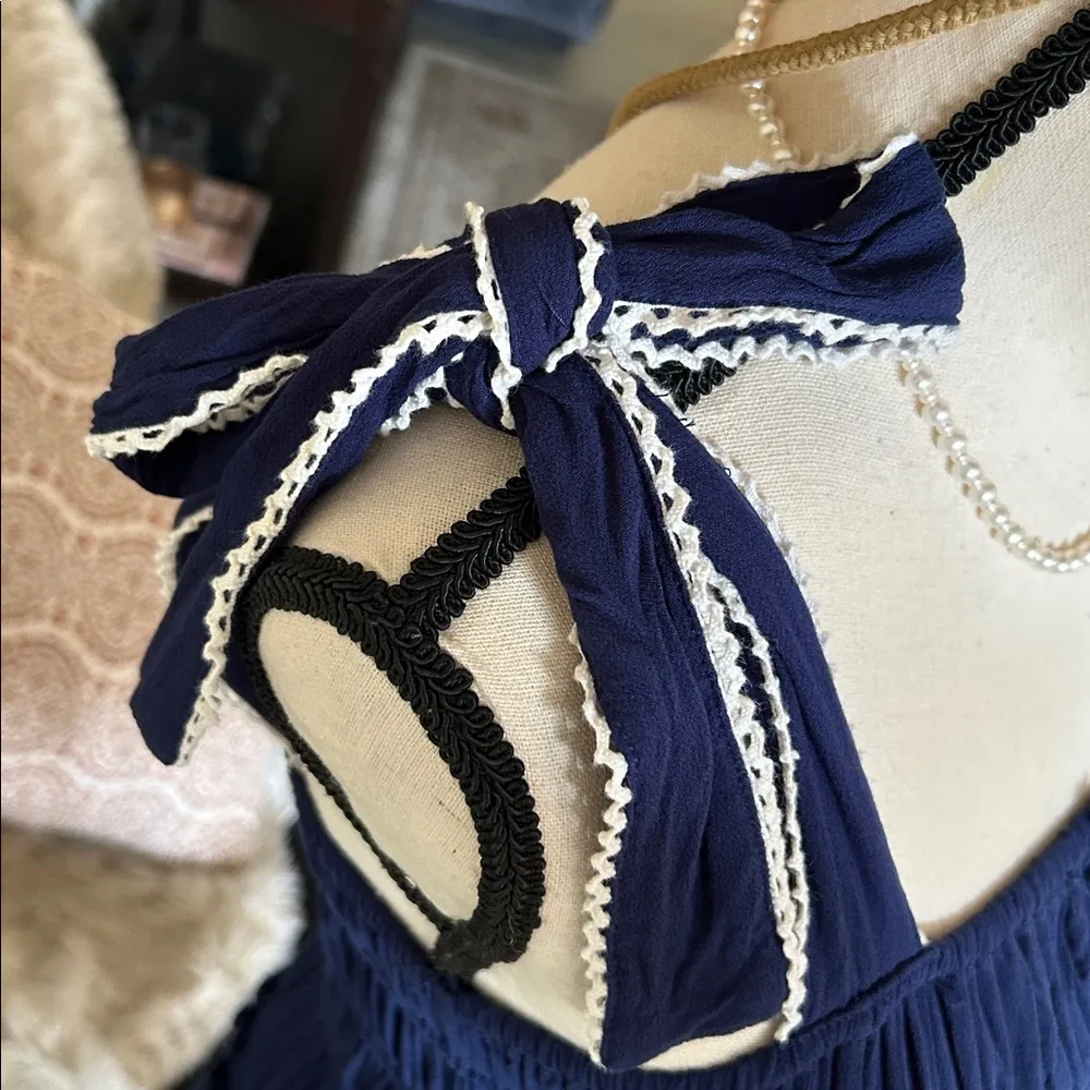 Chelsea &Violet, navy blue boho tiered, ruffle mini bow Tie strap dress M L​ - Image 5