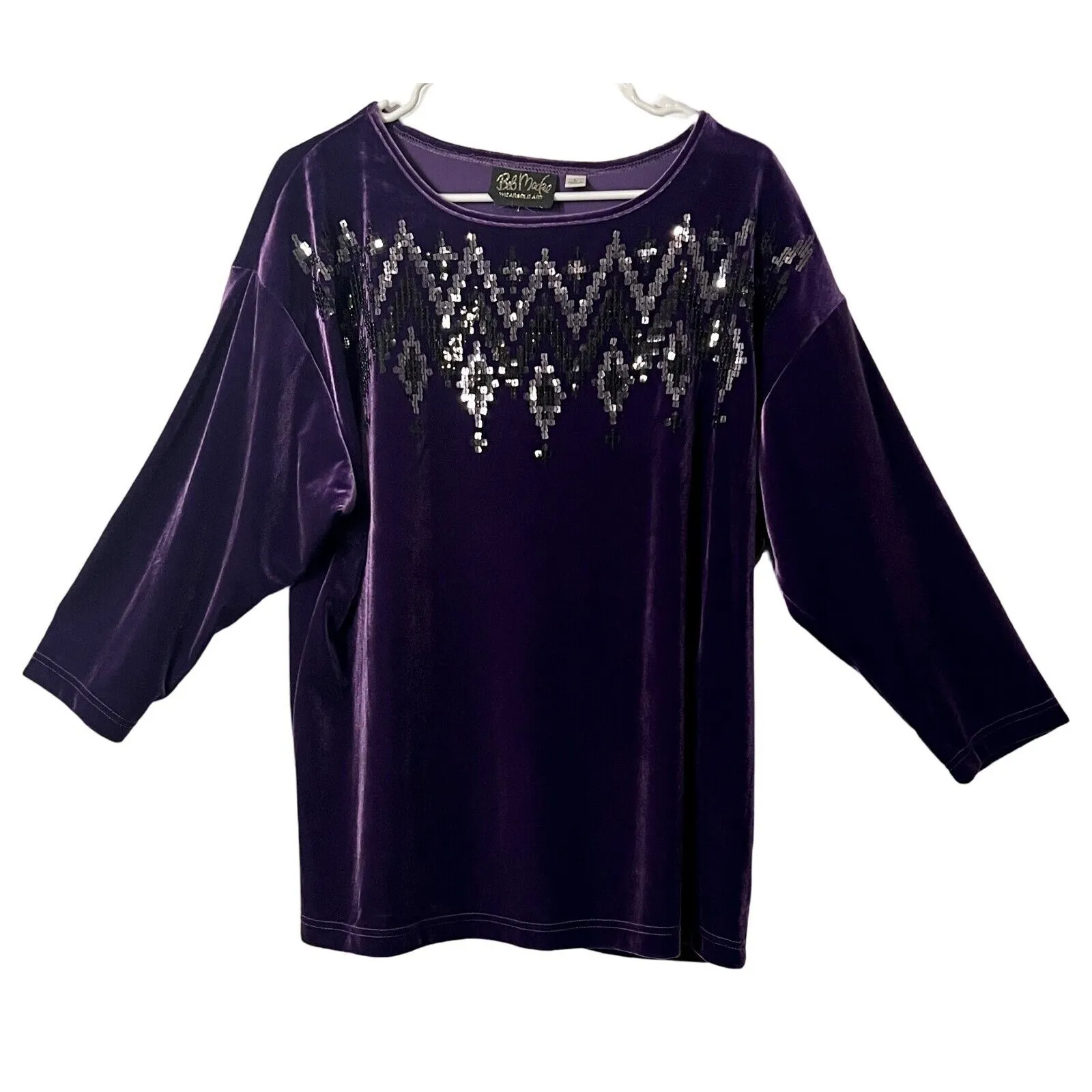Vintage BOB MACKIE Top Size L Purple Velvet Pullover Silver Sequins Wearable Art - Image 1