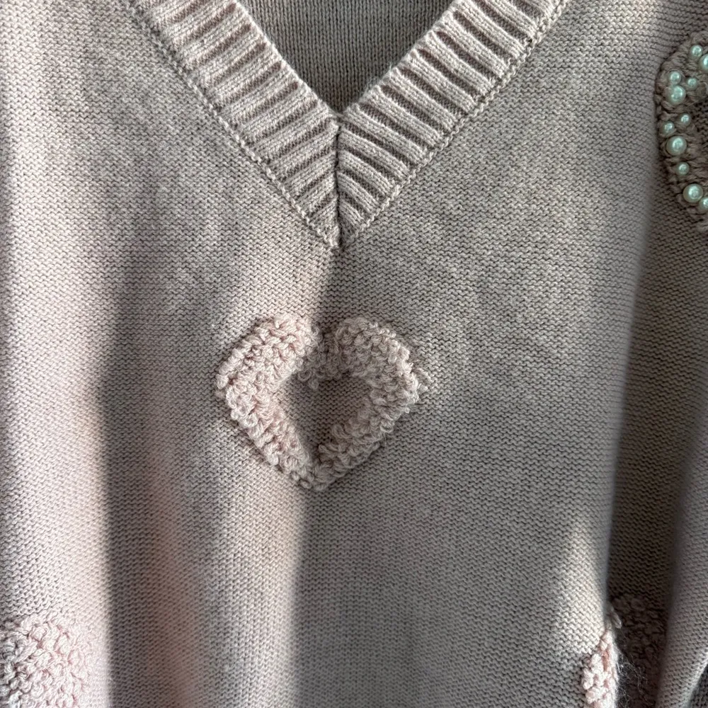 Heart Pattern Drop Shoulder Beaded Sweater - Image 4