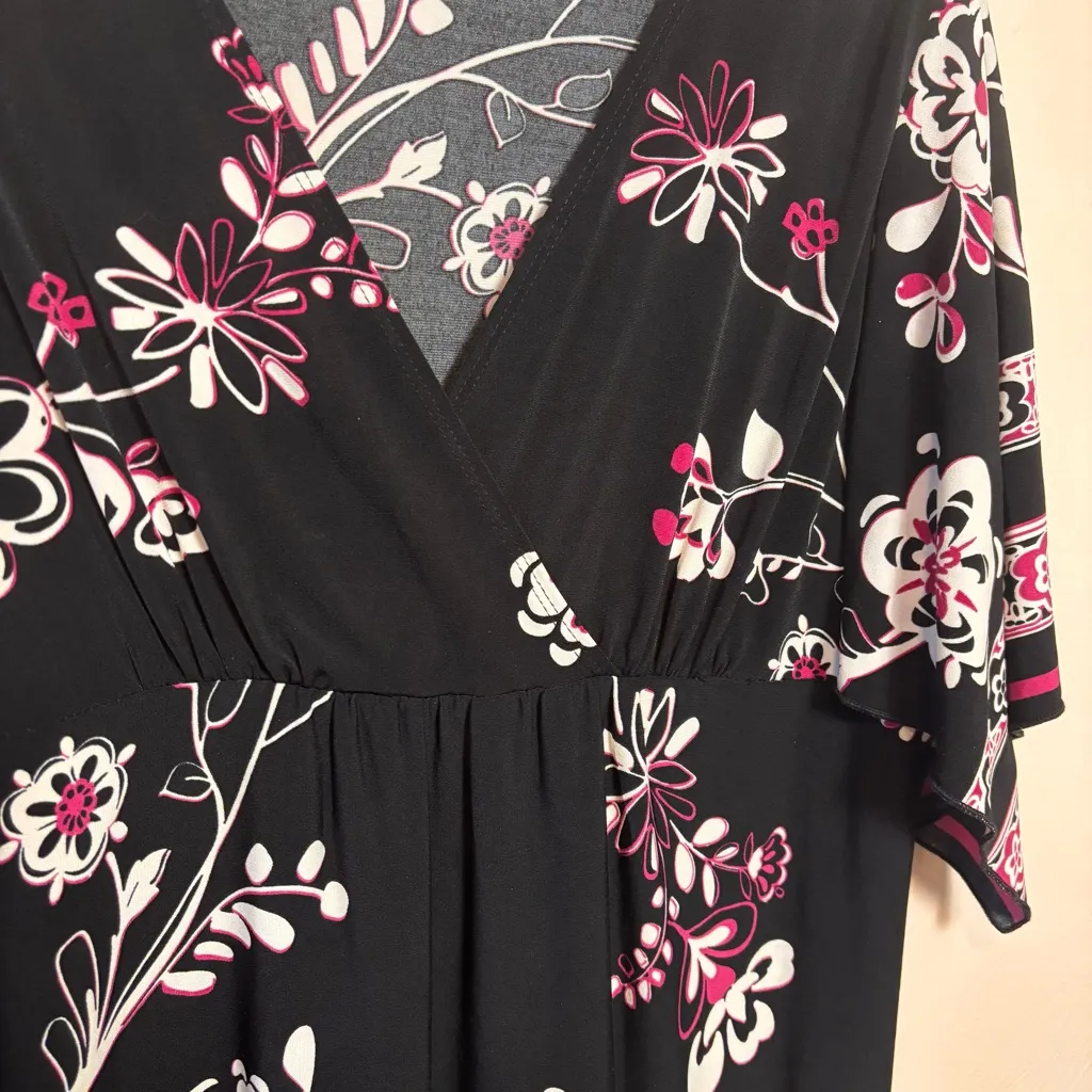 Chico’s Women Dress Kimono Sleeve V-Neck Floral Black Pink White Large Size 2 - Image 2