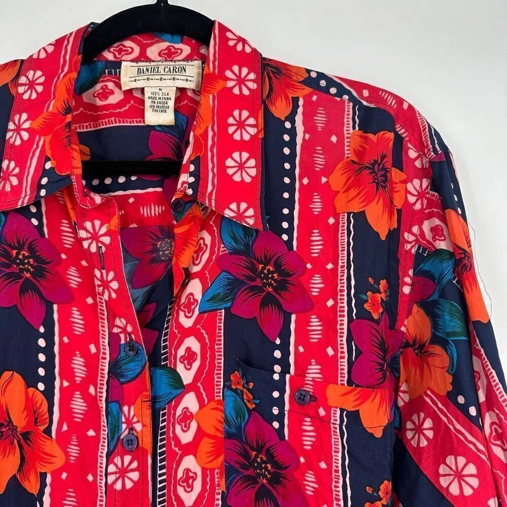 Vintage Daniel Caron Womens Floral Tropical Silk Button - Image 4