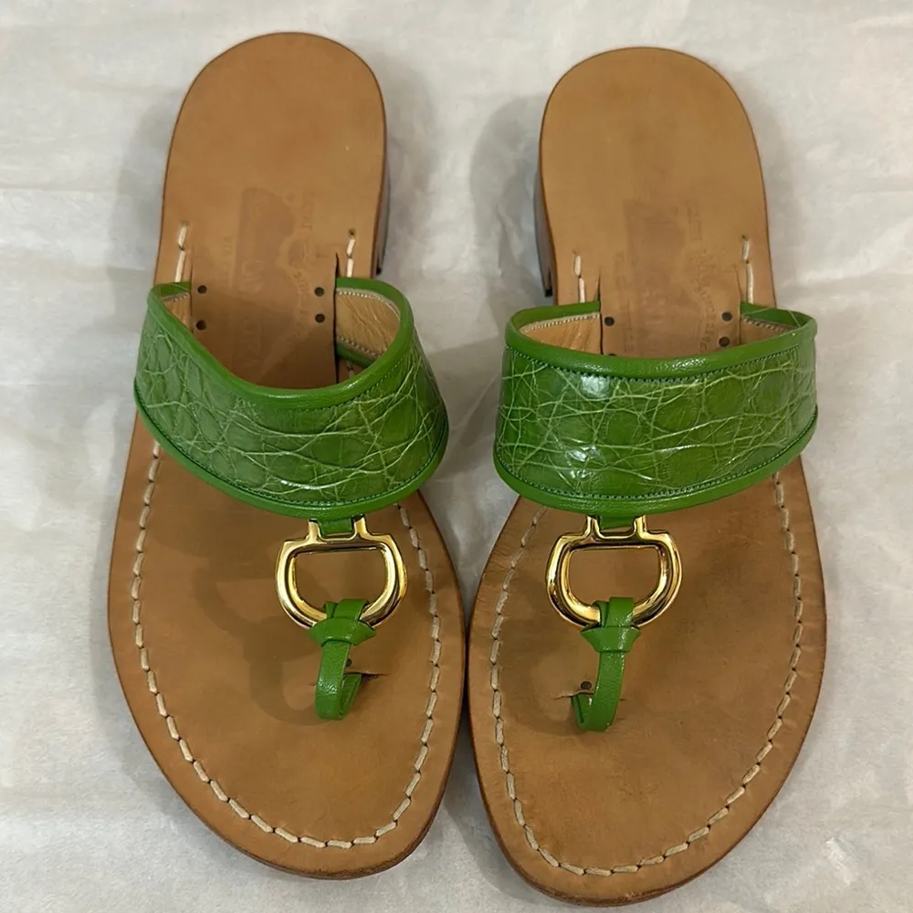 AMADEO CANFORA Green Leather Sandals with Gold Accent Size 9 - Image 2