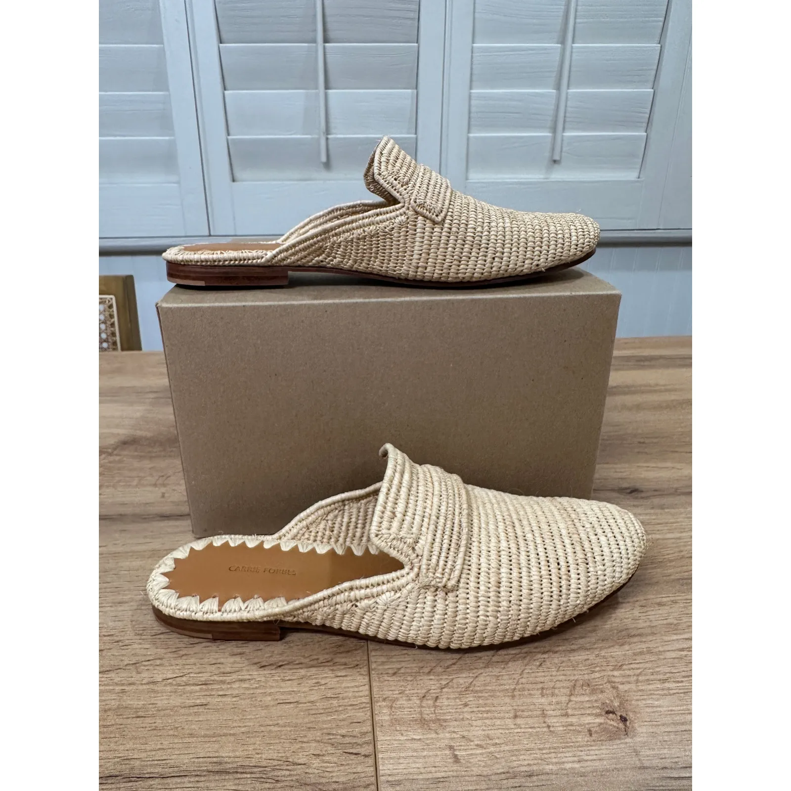 Carrie Forbes Tapa Woven Raffia Loafer Mules Natural Woven Raffia Size 8 US NWOT Tan - Image 4