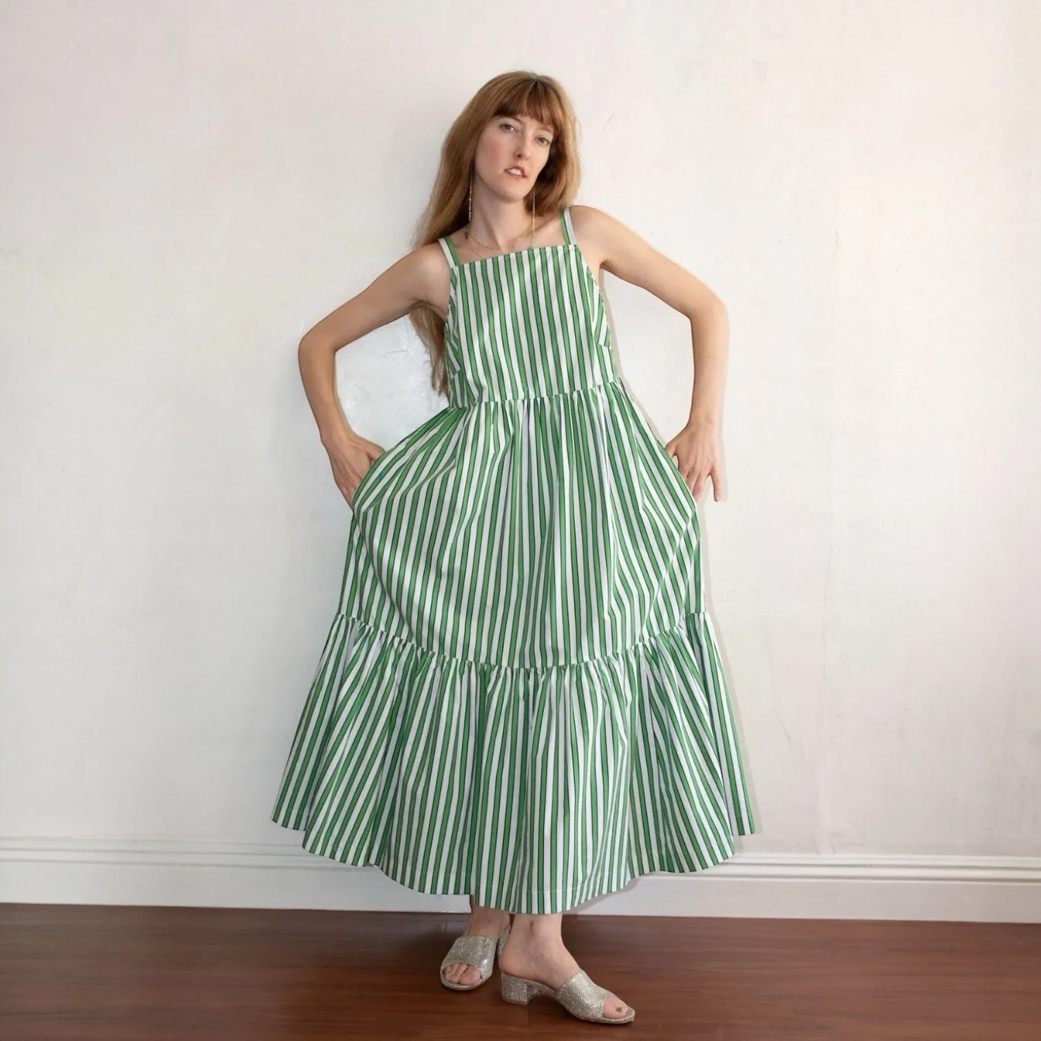 No. 6 Eden Cotton‎ Poplin Striped Maxi Cottagecore Boho Dress Size 3 US L 8/10 Green Size L - Image 2
