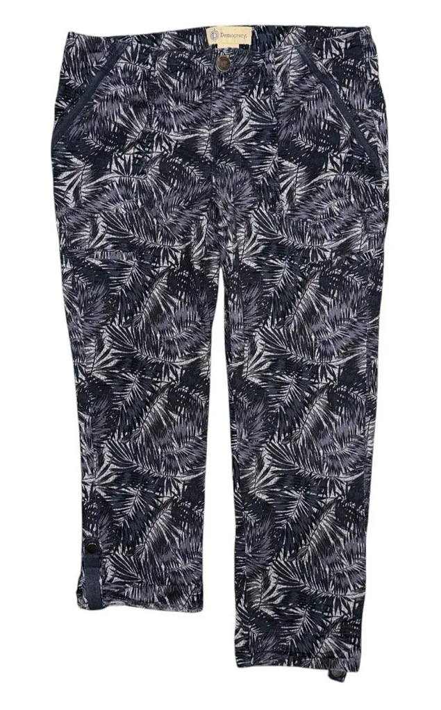 Democracy Navy Blue Tropical Leaf Flex-ellent Tab Crop Cargo Pants Women’s Sz 8 - Image 1
