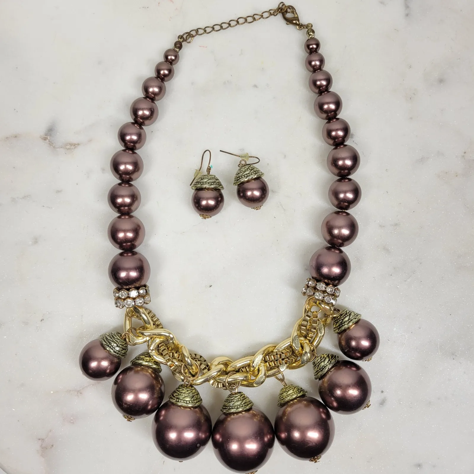 Pearl Statement Necklace & Acorn Earrings Set Metallic Purple Beaded Chunky Ball Brown - Image 13