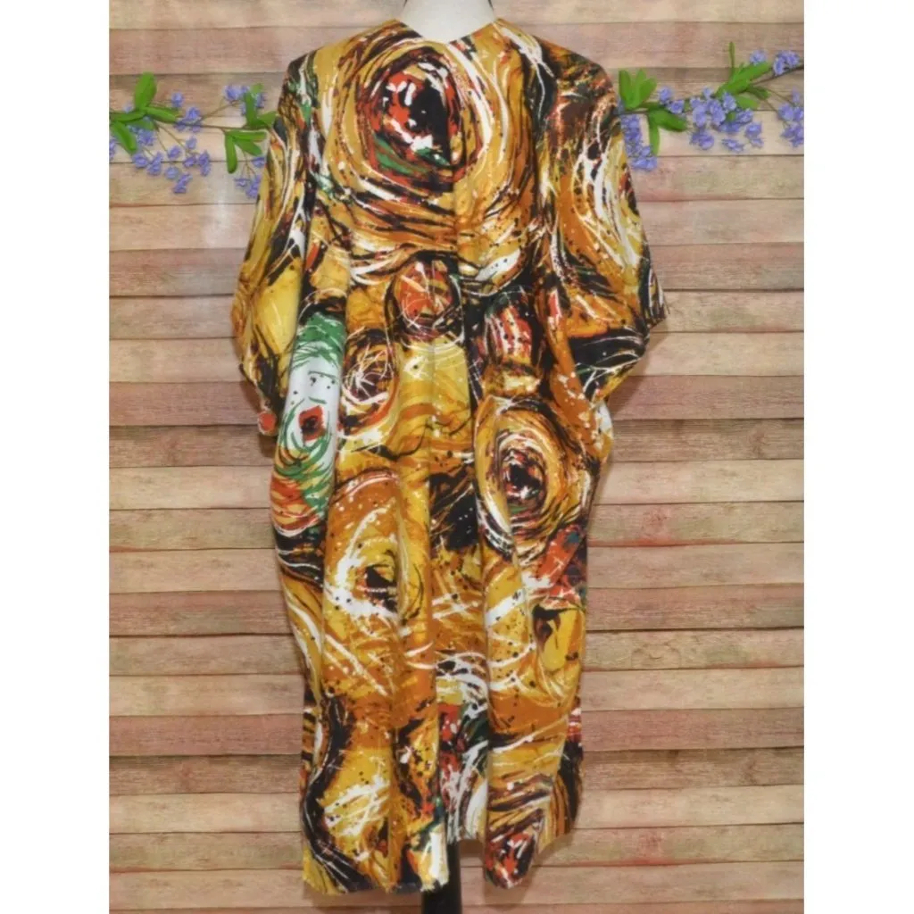 Womens Yellow Boho Floral Open Front Caftan Poncho Cardigan One Size Art to Wear - Image 7