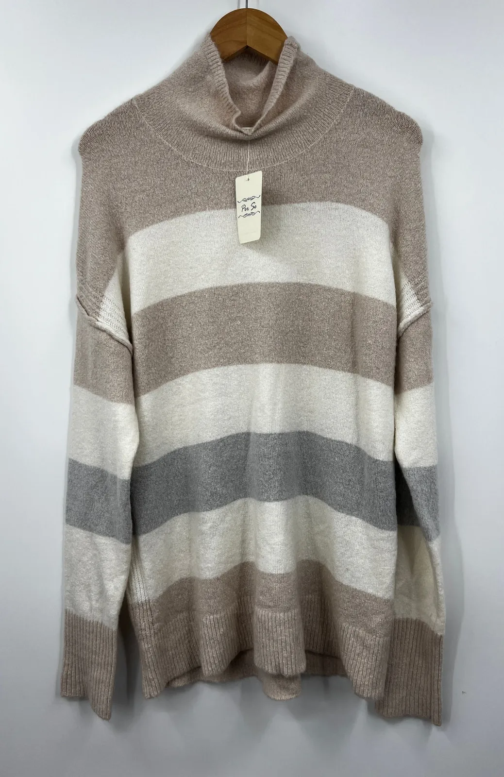 Per Se Sweater Womens Turtleneck Stripe Pullover Tuape White Size XL - Image 1