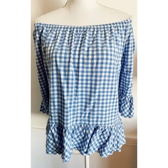 BeachLunchLounge • Blue White Gingham Plaid Off Shoulder Blouse - Image 25