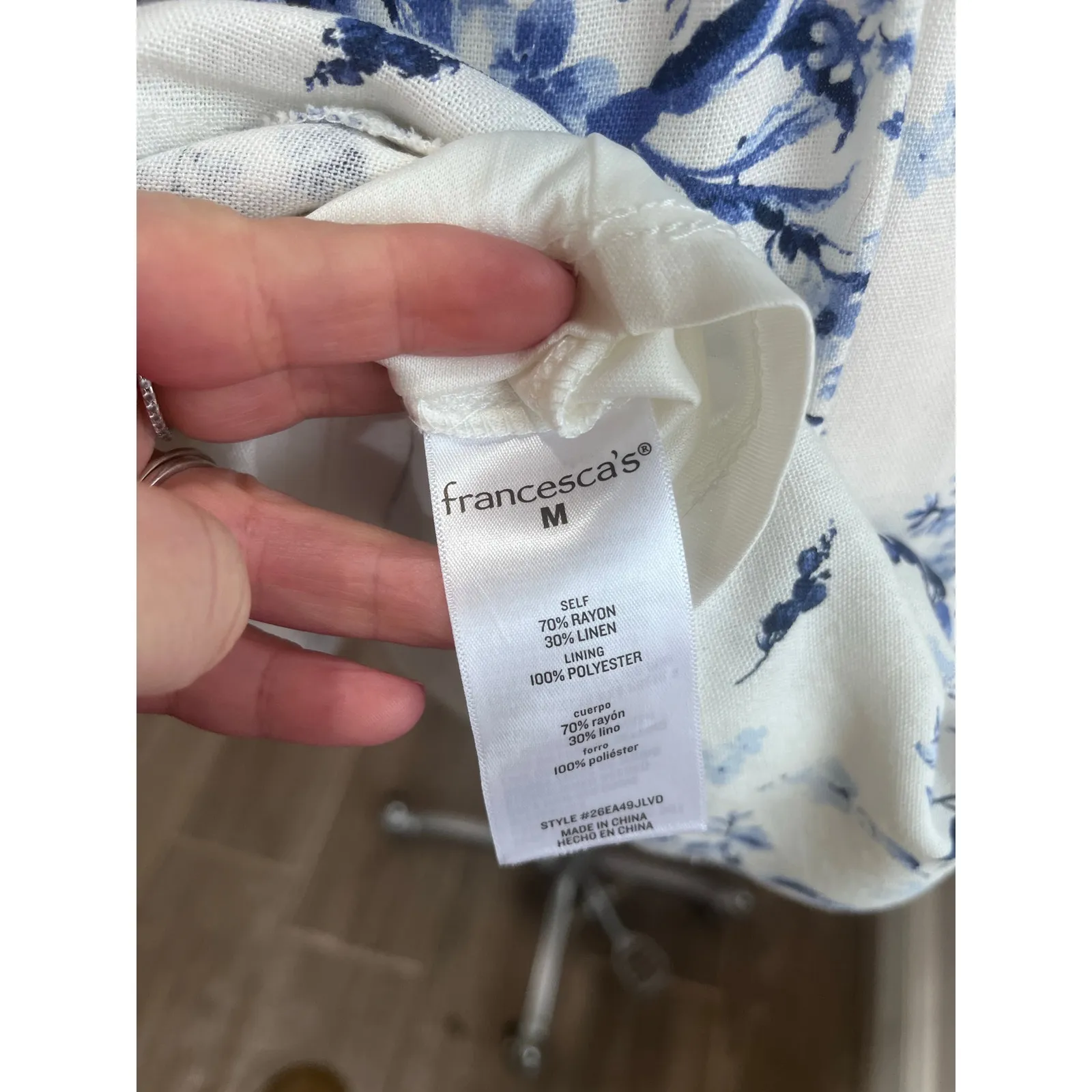 Mi Ami Francesca’s Blue Floral Puff Sleeve Linen Blend Cottagecore Mini Dress M Size M - Image 7