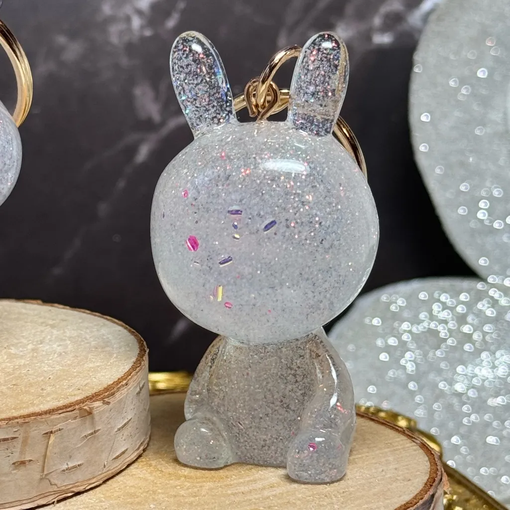 Glittery Resin Animal Keychains, Rabbit, Deer, Bear with pink glitter, gold - Image 4