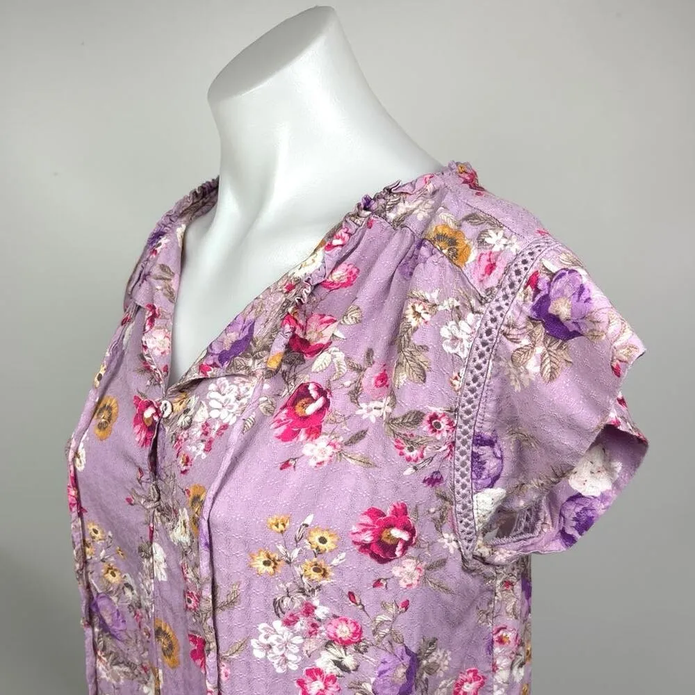 Buffalo David Bitton Purple Split V-Neck Flutter Sleeve Floral Blouse Top Size M - Image 4
