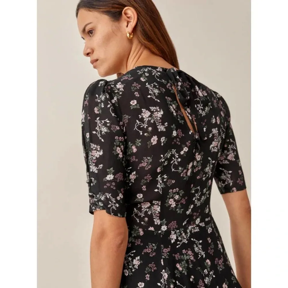 Reformation • Bard Dress mini puff sleeve Jolene black floral print georgette - Image 10