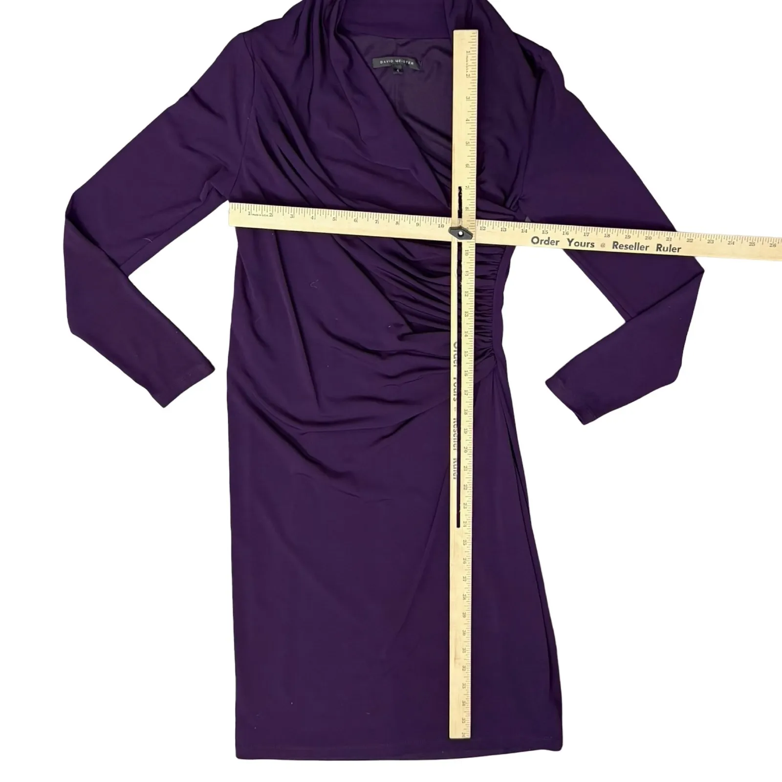 David Meister Ruched Asymmetrical Purple Faux Wrap Long Sleeve Sheath Dress sz 4 - Image 3