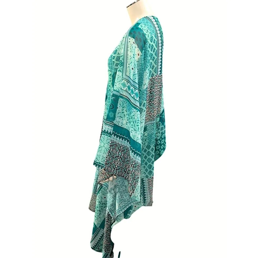 CCC Bohemian Style Patchwork Cape Lightweight Sheer Fabric Elegant Turquoise Whi Green Size XL - Image 3