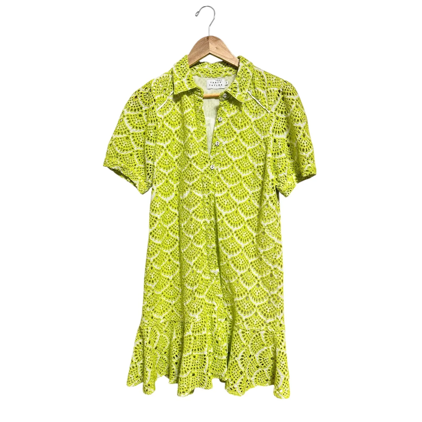 Tanya Taylor Aliciana short sleeve cotton eyelet shirtdress Yellow Lace  0 - Image 2