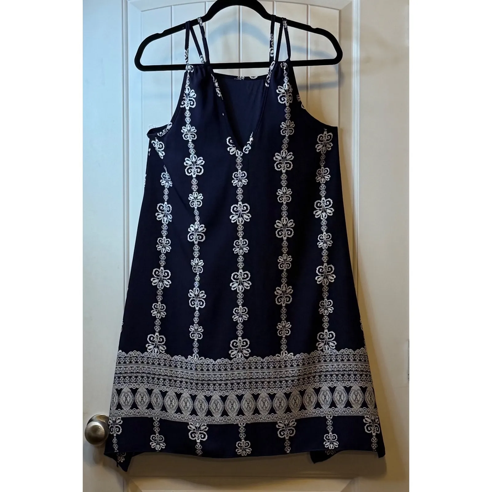 Dina Be Navy Blue White Floral Print Swing Dress Midi Spaghetti Strap A Line M # Size M - Image 3