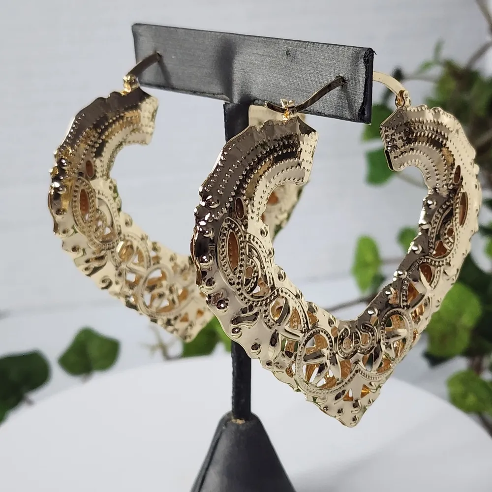 Large Statement Gold Filled Doorknocker Filigree Hoop Earrings - Image 5