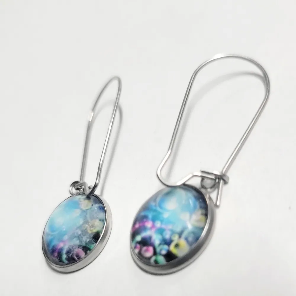 Hand Crafted abstract bubble latch back dangle earrings Blue - Image 3
