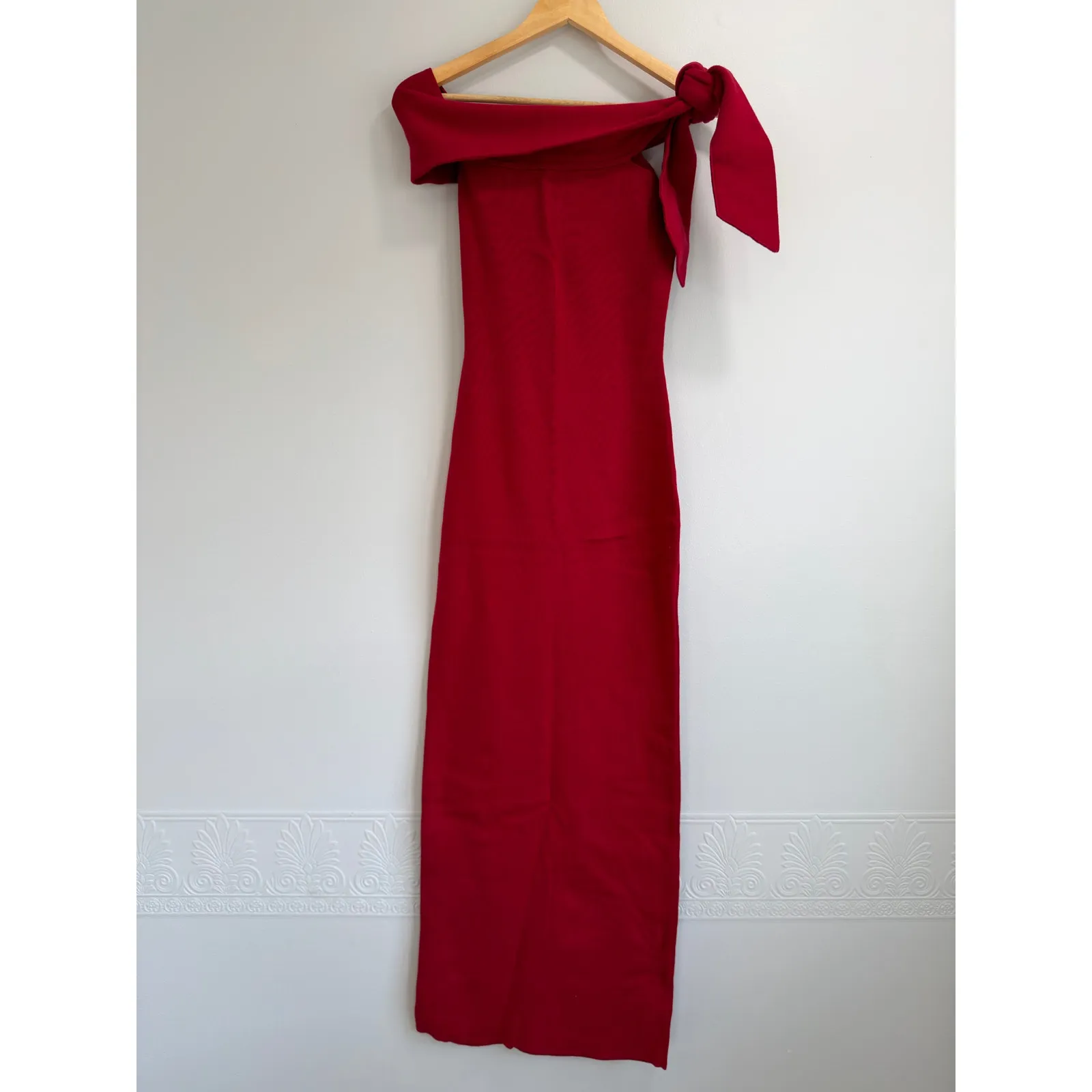 SNDYS xREVOLVE Jaymes Off Shoulder Stretch Knit Old Money Cranberry Maxi Dress S Red - Image 2