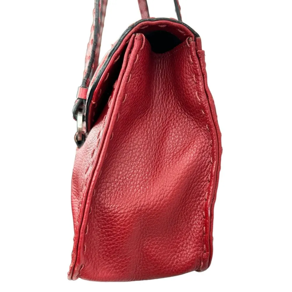 Red Pebbled Leather Purse Handbag Shoulder Bag Top Stitching - Image 5