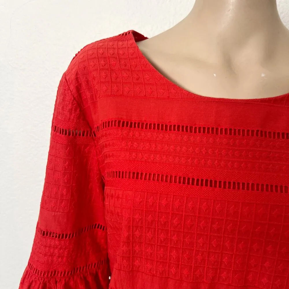 [J. Crew] Red Eyelet Lace Embroidered Bell Sleeve Shift Dress Crew Neck Size 14 - Image 6