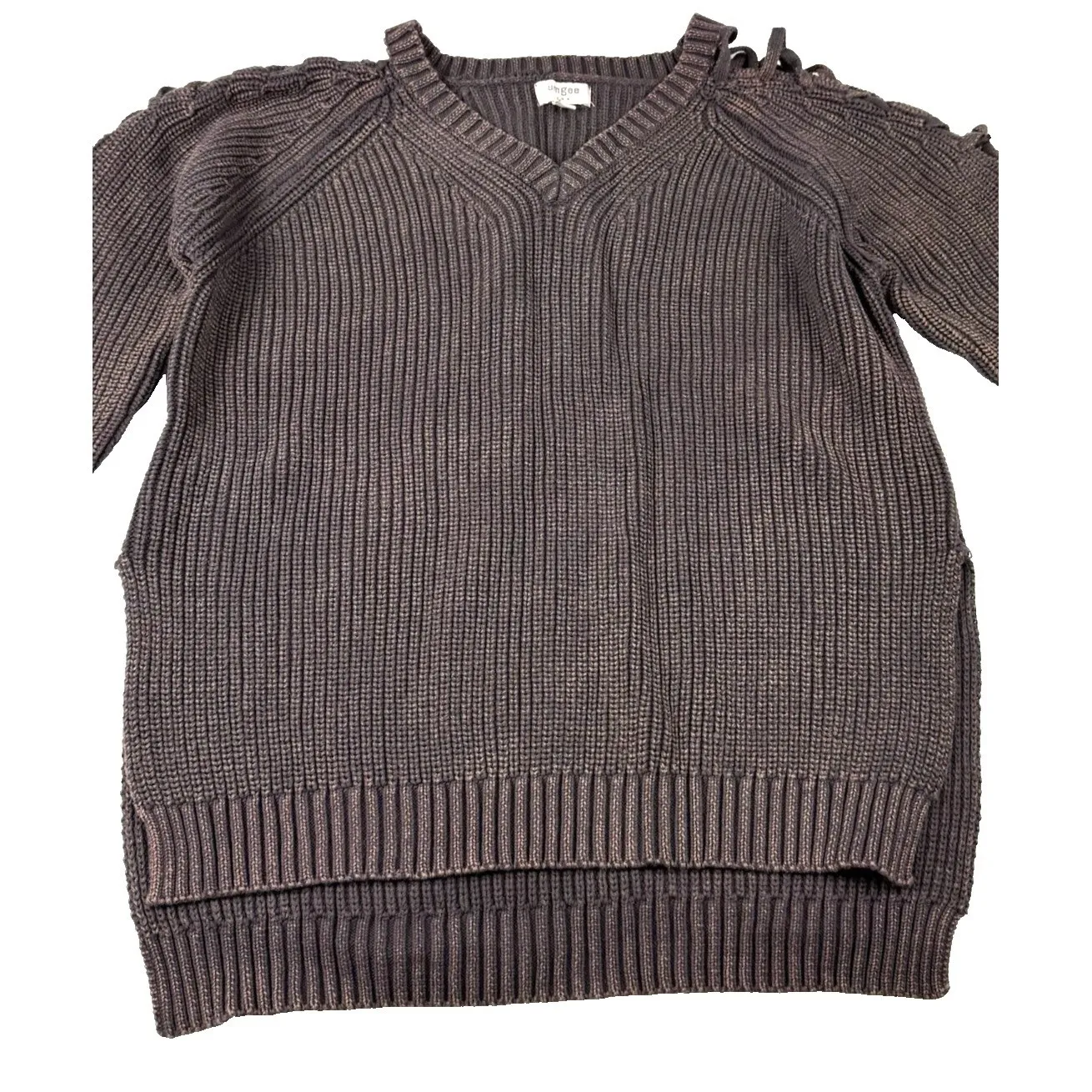 Umgee Chunky Knit Sweater Women's Medium Mineral Wash Lace-Up Shoulder Grunge - Image 3