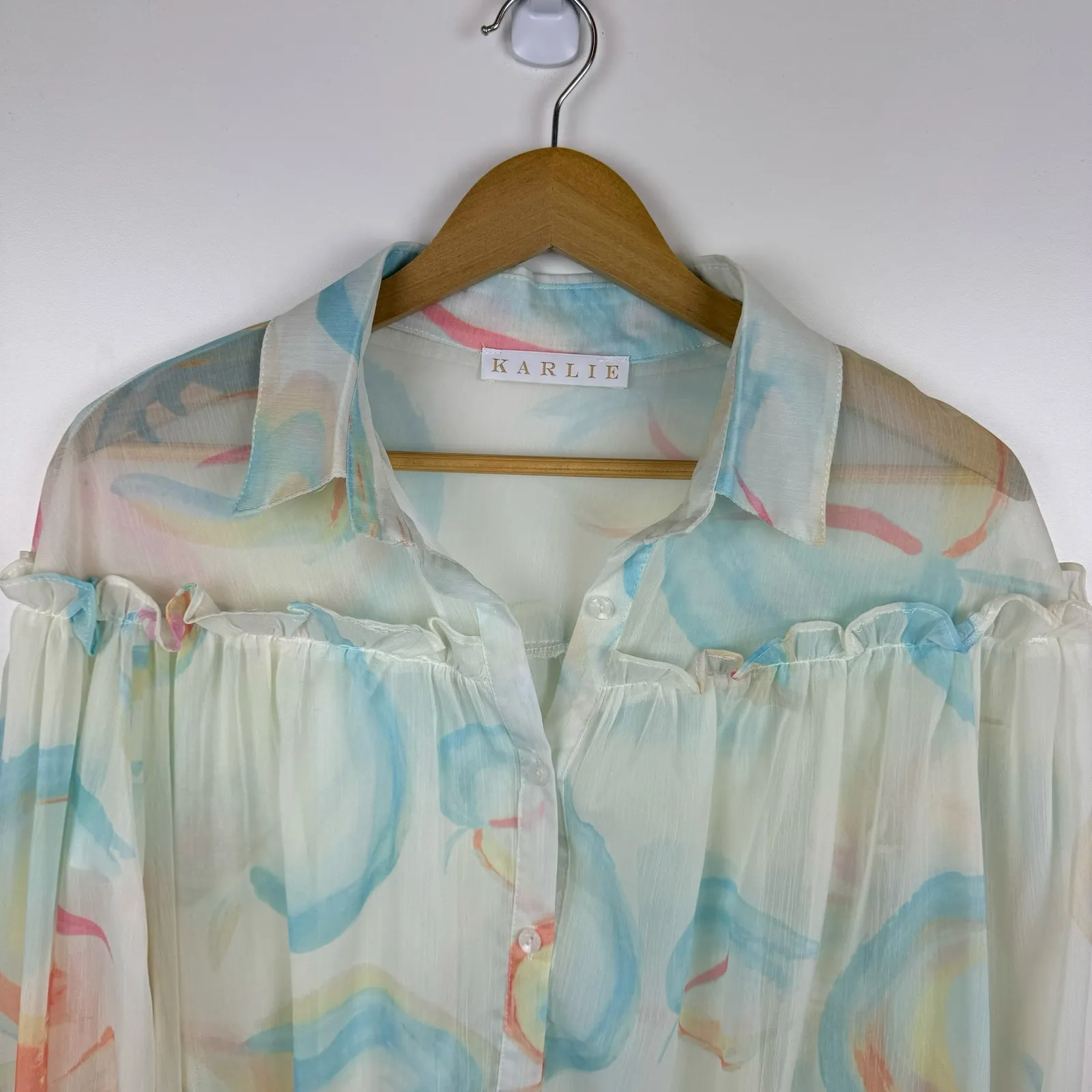 Karlie‎ Womens Multicolor Watercolor Sheer Long Sleeve Blouse with Ruffle Sz O/S - Image 4