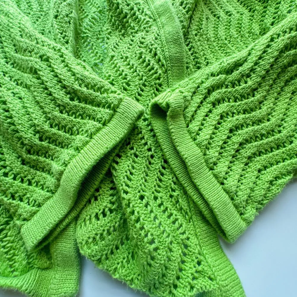 Kasper Open Knit Drape Cardigan Bright Lime Cotton Blend Green Size Medium - Image 5