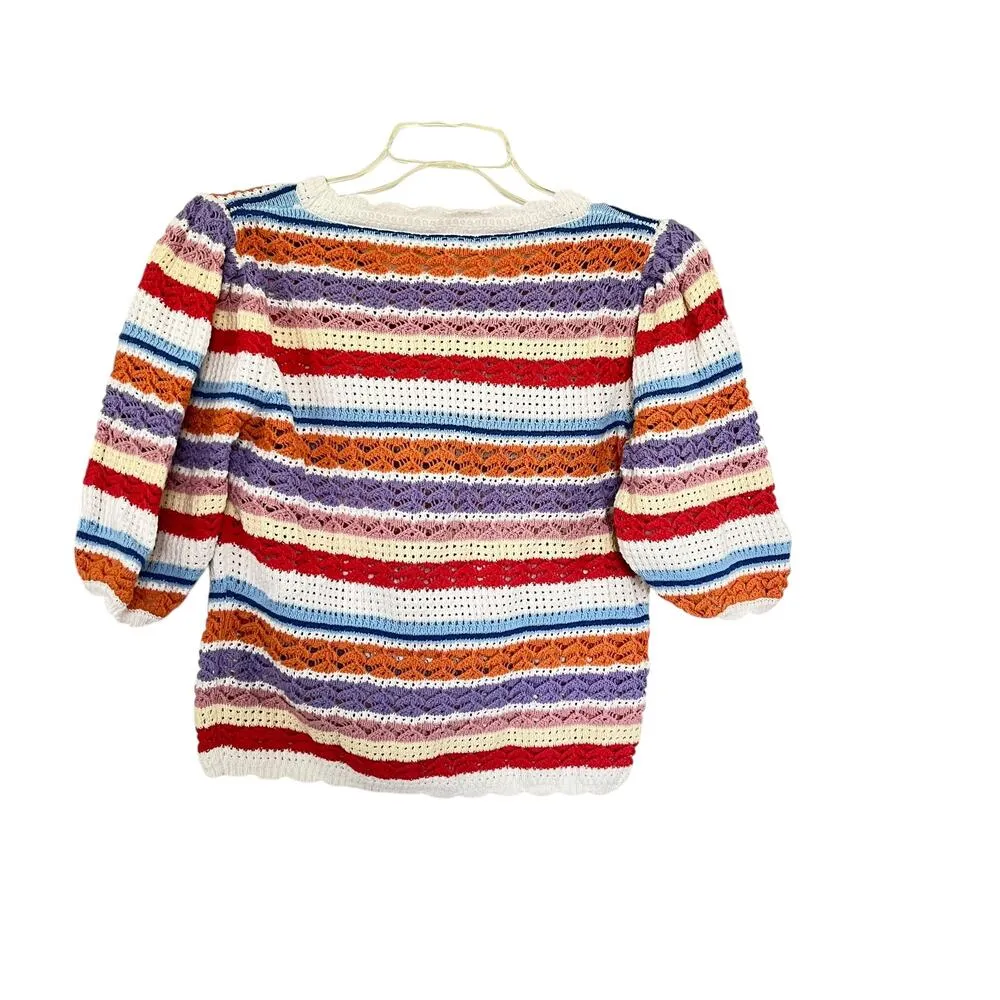 Suncoo Panaca Multicolor Striped Knit Puff Sleeve Crewneck Sweater Size Small White - Image 7