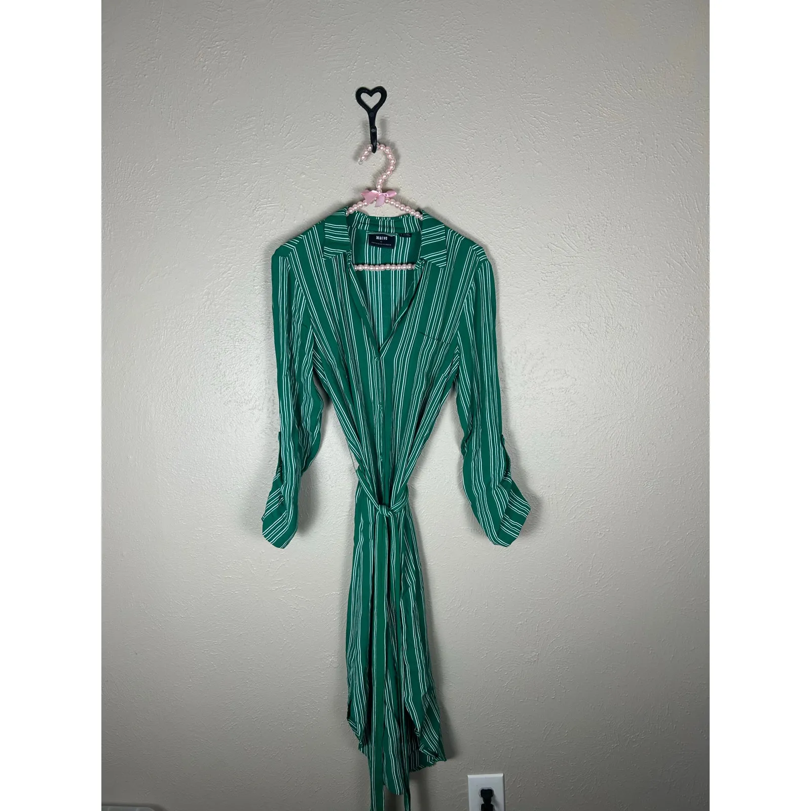 Anthropologie Maeve Dress Size 2 Martina Belted Shirt Dress Green Striped Midi - Image 2