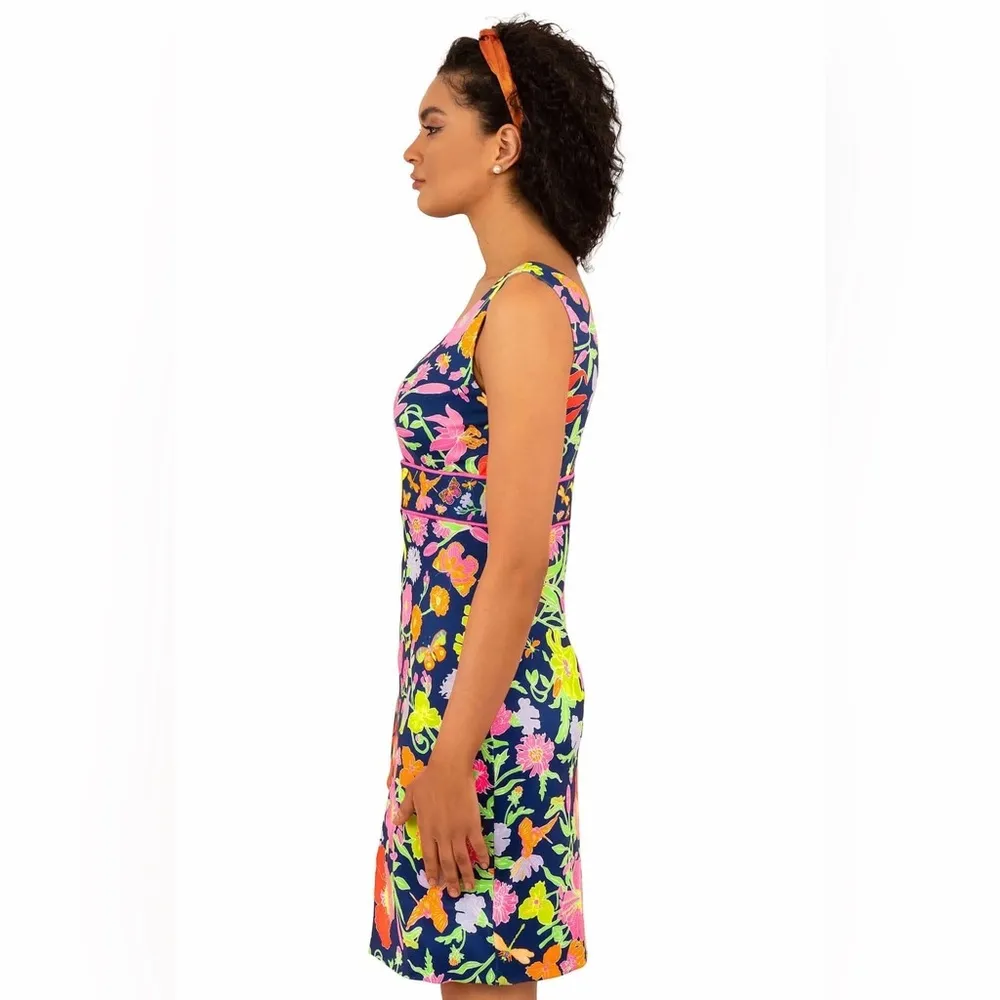 Gretchen Scott Jersey Harlot Dress Birds And The Bees Navy Brights sz S Vacation - Image 2