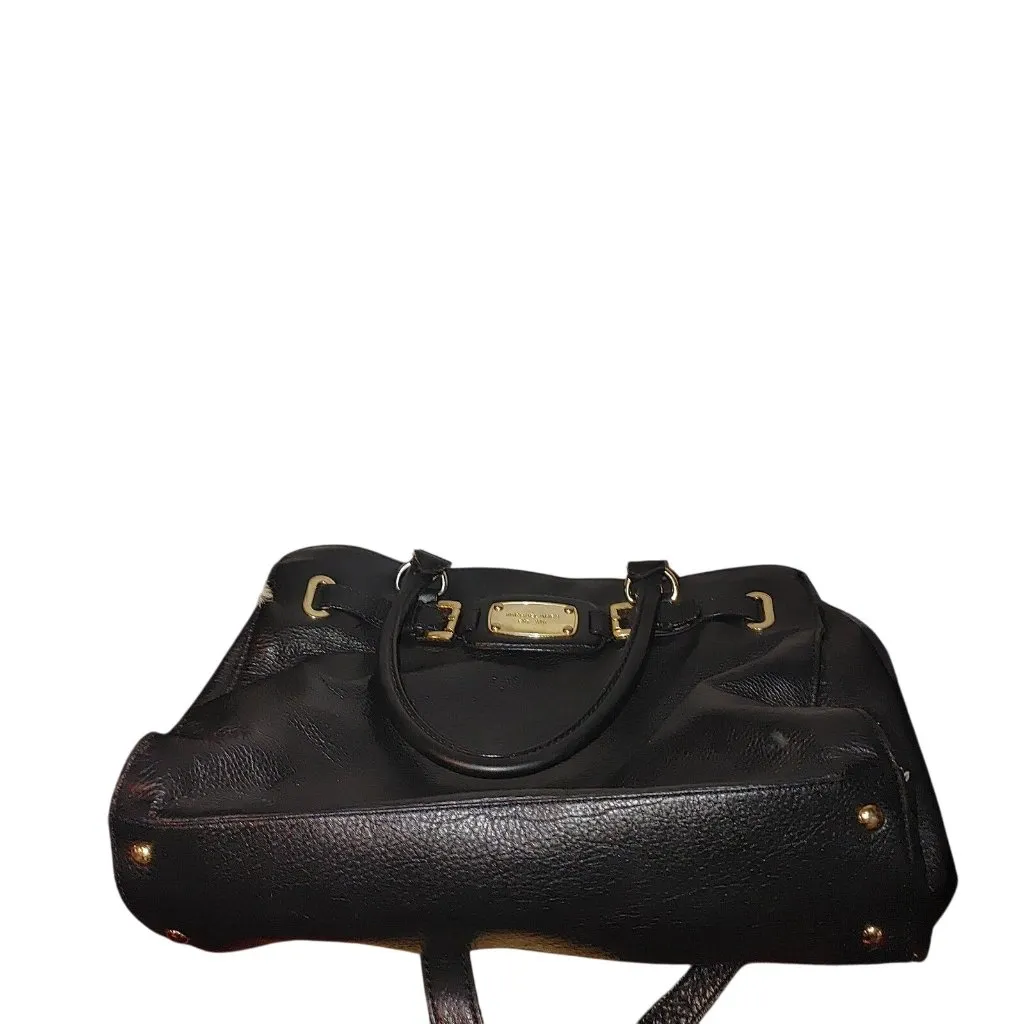 Michael Kors Satchel Hamilton Black Leather Handbag Gold Chain Strap Logo Plate - Image 13