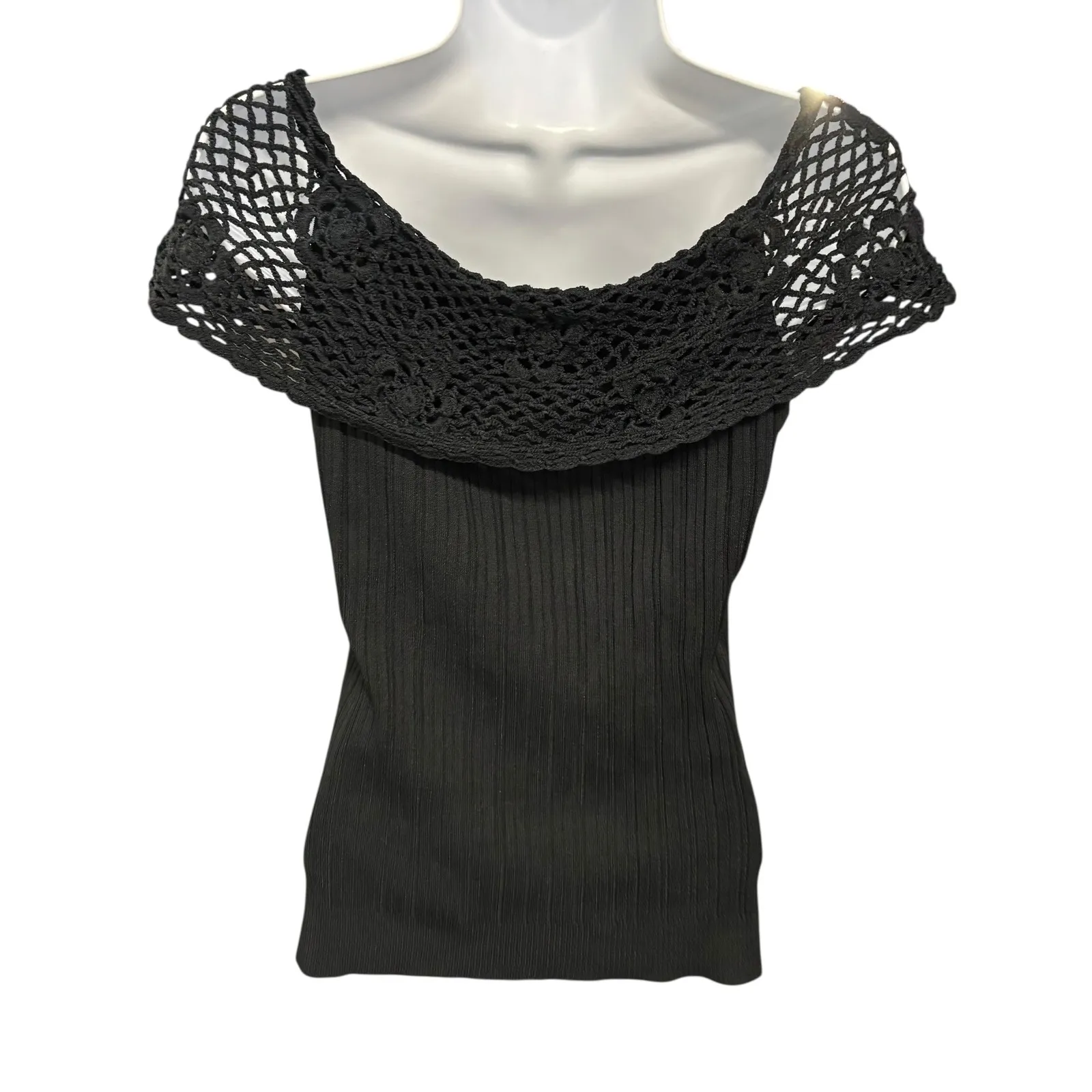 Cabo Black Crochet‎ Off Shoulder Ribbed Knit Top Women's Size L Size L - Image 3