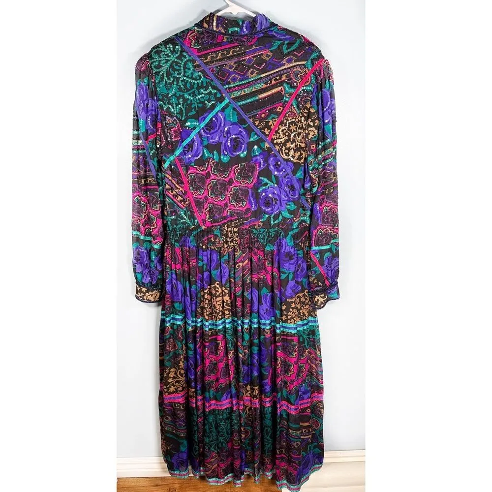 Vintage Judith Ann Creations 100% Silk Floral Patterns Embellished Maxi Dress M Purple Size M - Image 6