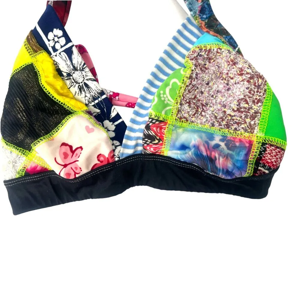 Swim Top Bikini Halter Patchwork Quilted Mixed Materials Metallic One Size S M L - Image 2