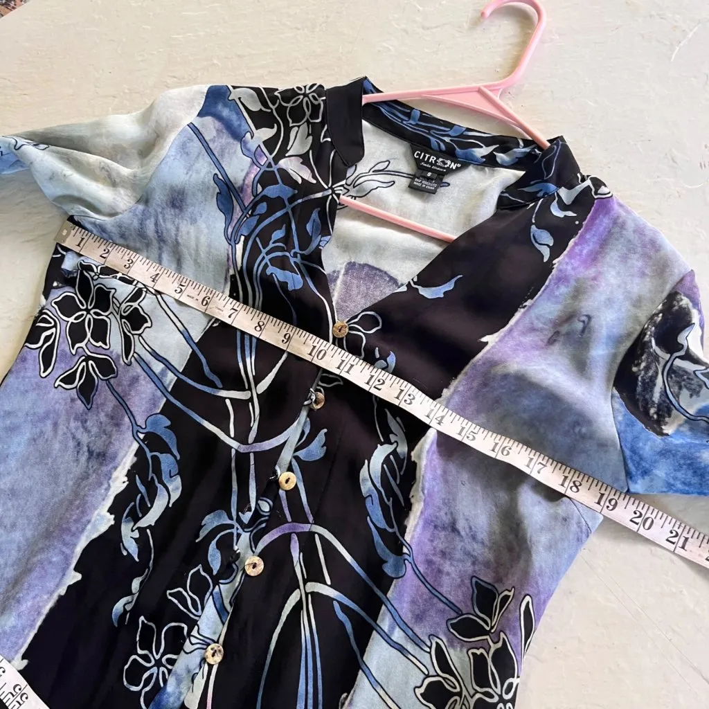CITRON Santa Monica Blue Floral 100% Silk Blouse Size S - Image 6