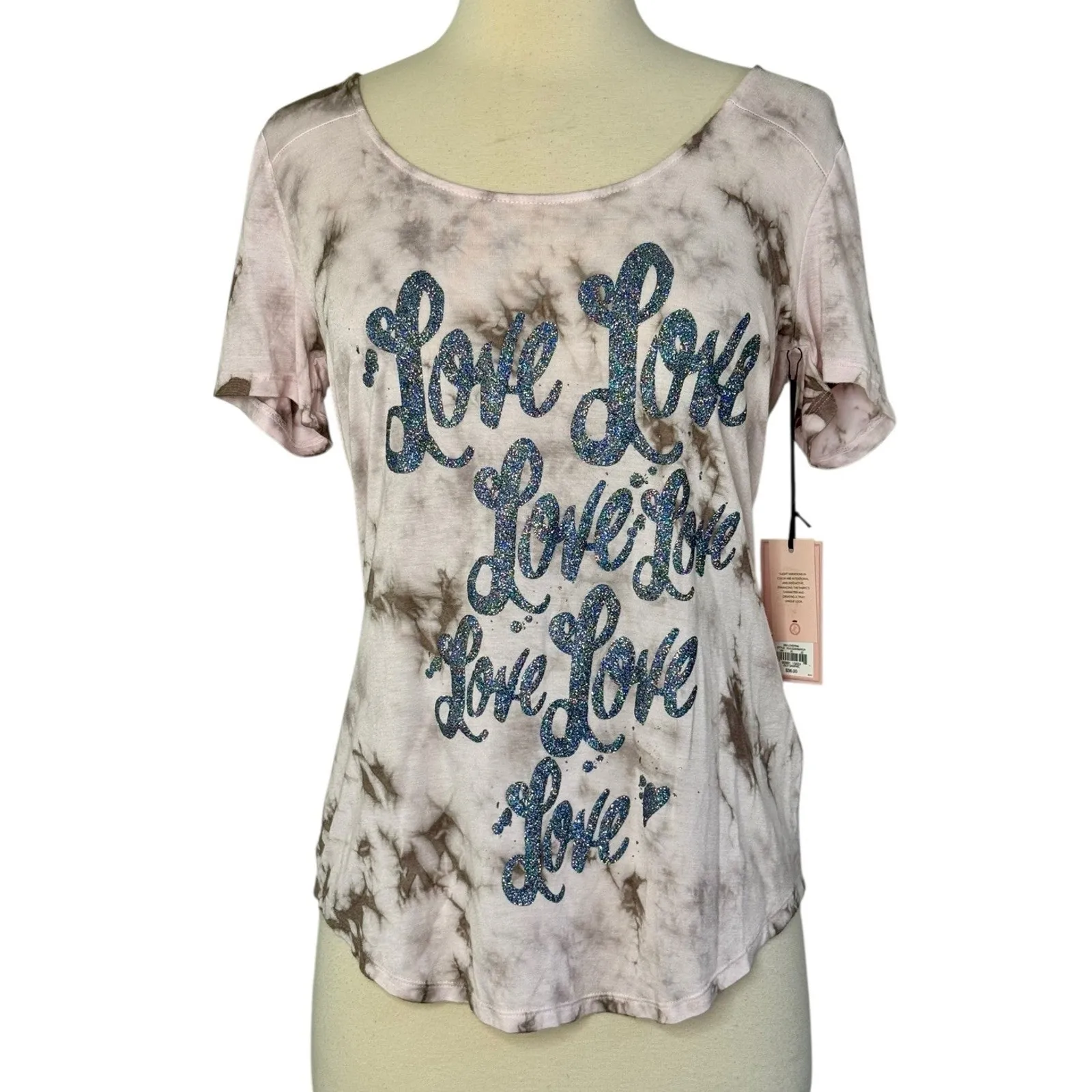Y2K JUICY COUTURE Love Pink Tie Dye Glittery Sparkly Soft T Shirt Top Sz XS NWT - Image 3