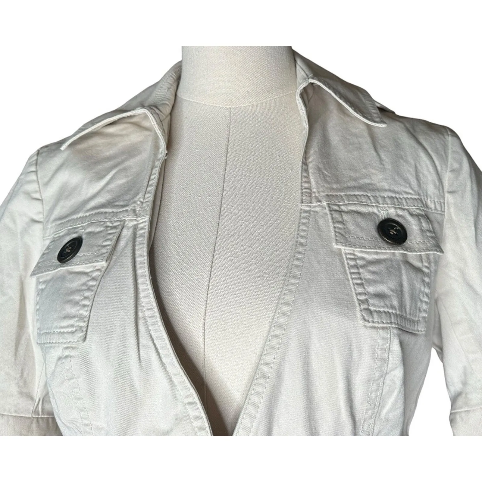 London Jean Chino Light Khaki Beige Short Sleeve Safari Jacket Y2K V Neckline S Tan - Image 3