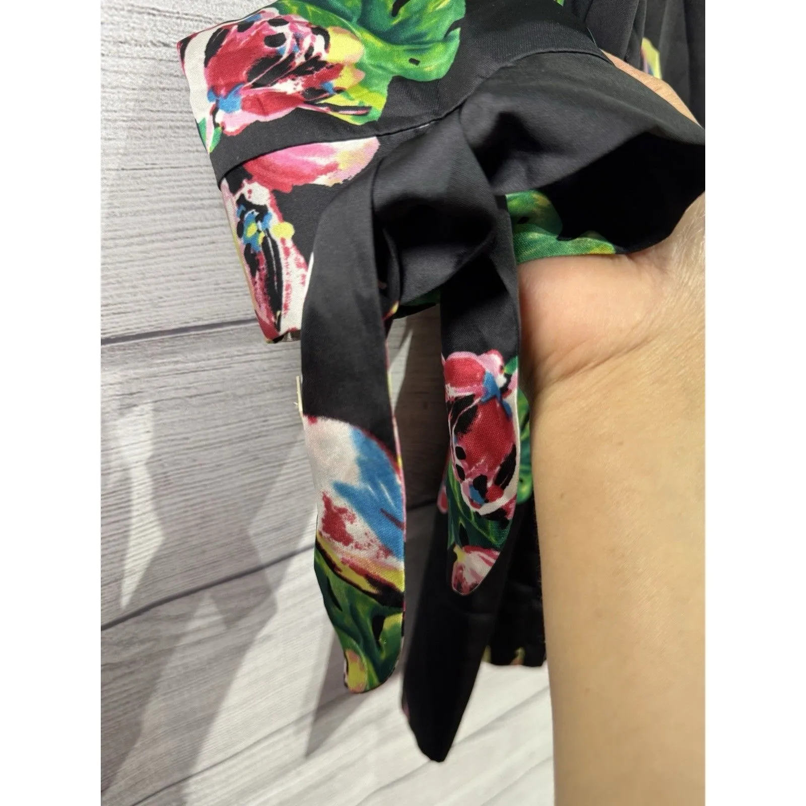 Tahari ASL Women's Palm-Print Tie-Sleeve BLAZER 6p Black/Pink/Green - Image 9