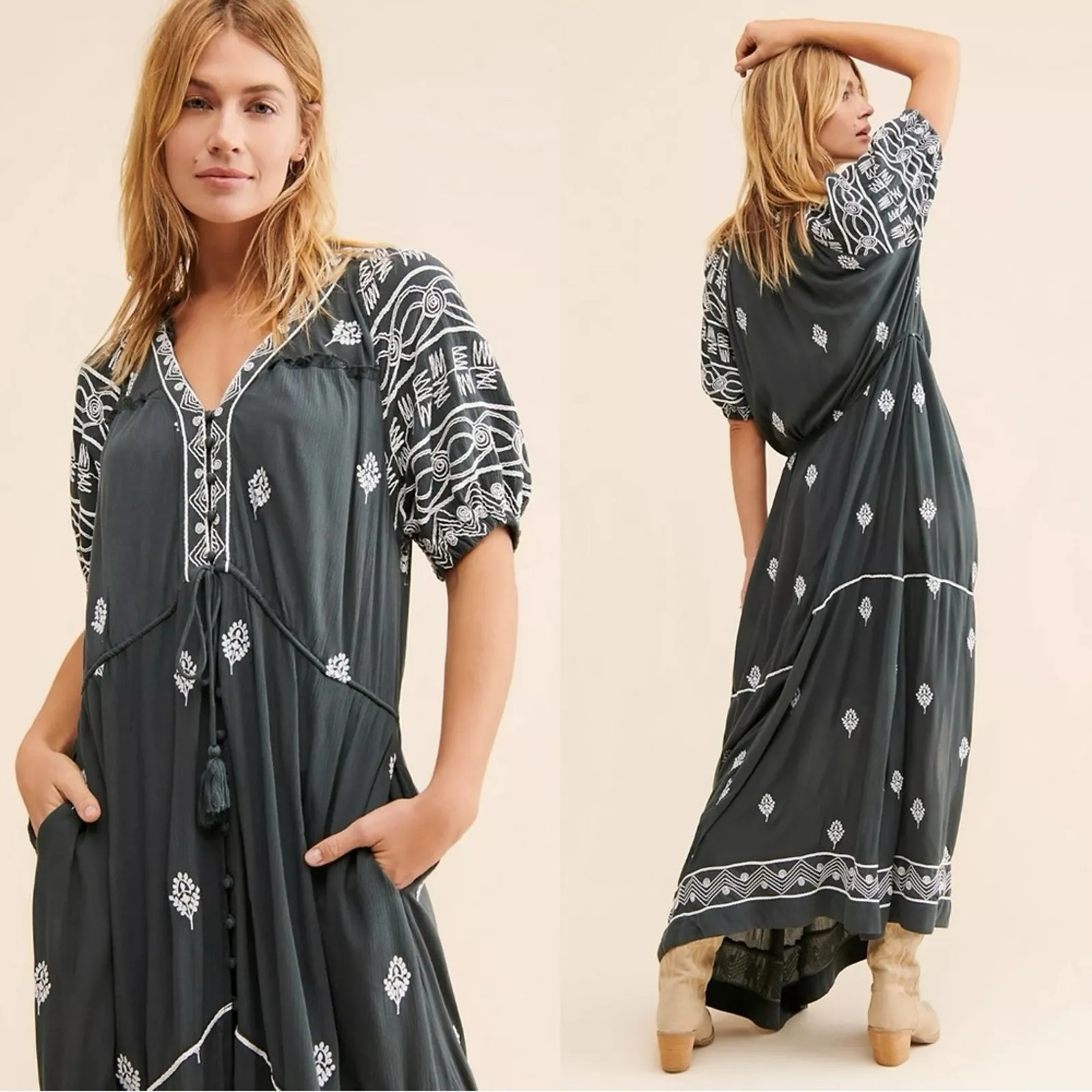 Free People Riley Embroidered Midi Maxi Dress Duster Black Grey Bohemian Medium - Image 5