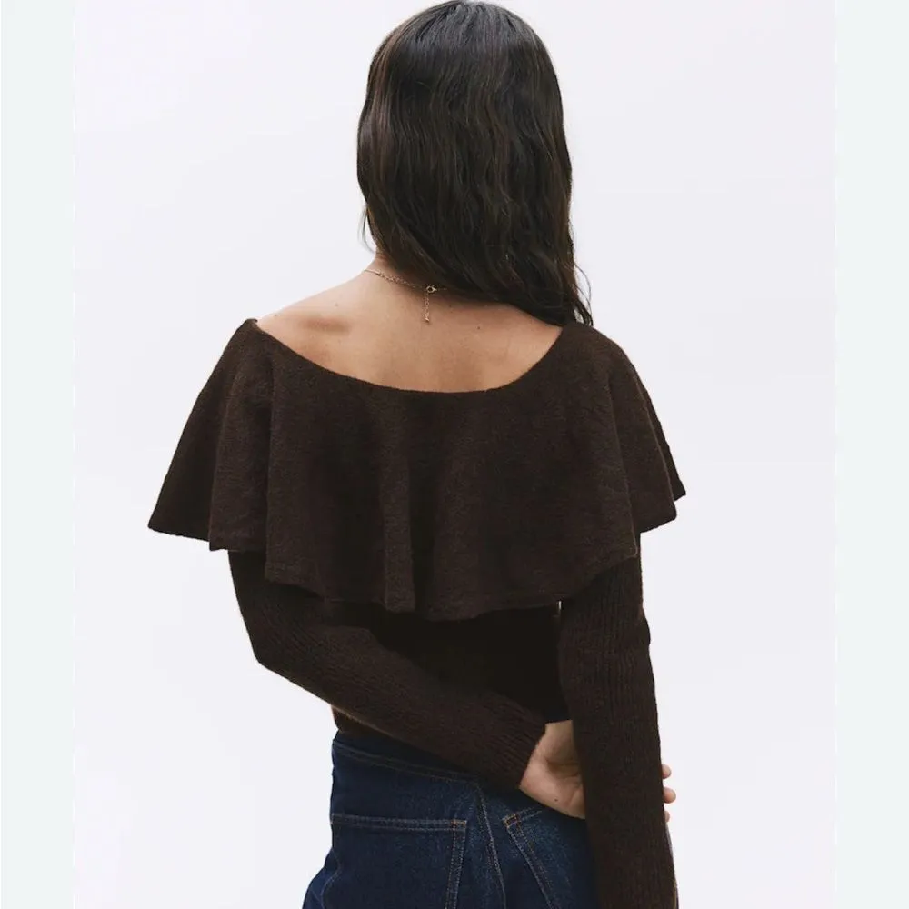 H&M wool blend FLOUNCE OFF THE SHOULDER SWEATER  brown medium - Image 3