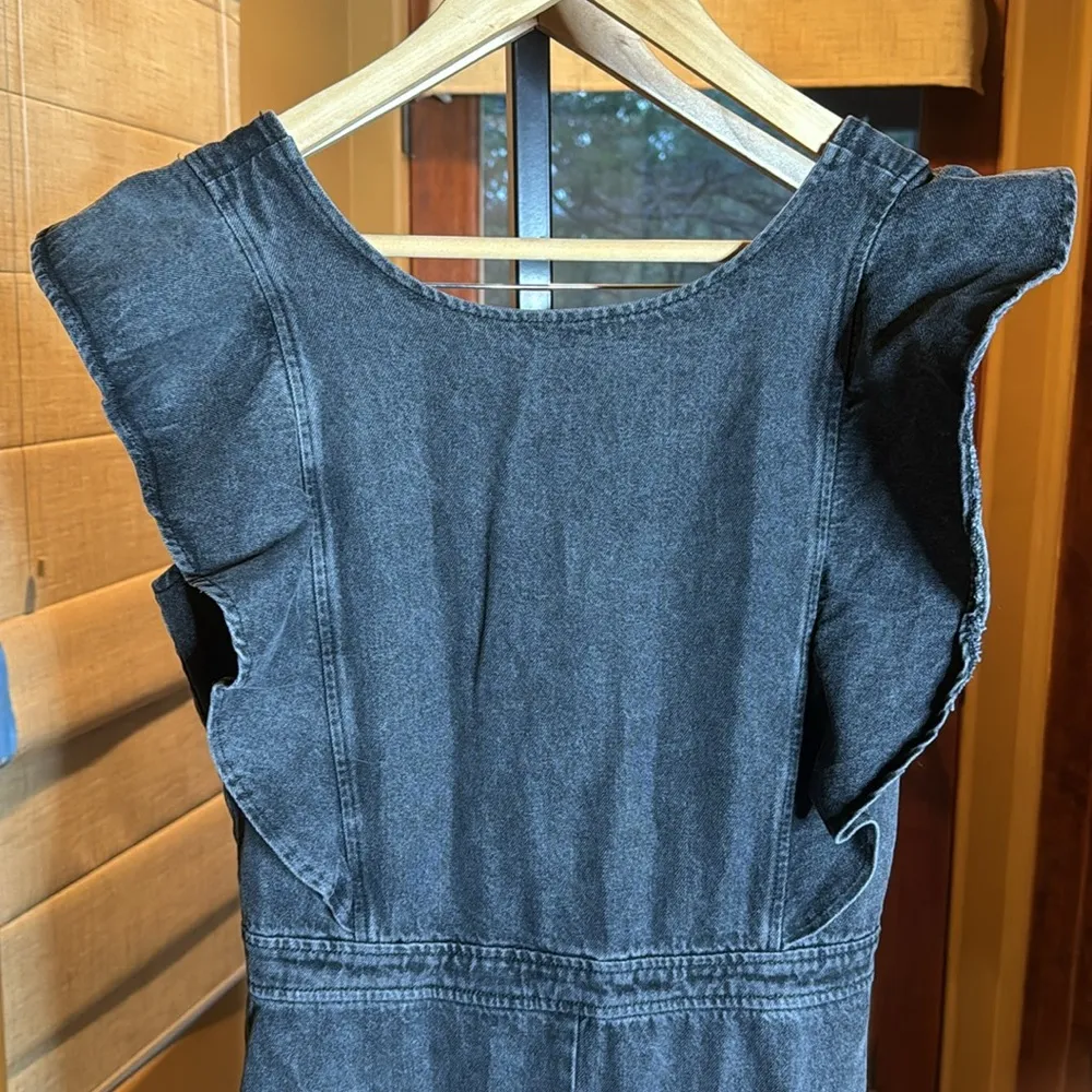 Ruffled Jumpsuit Wide Leg Washed Black Denim Size Small - Image 2