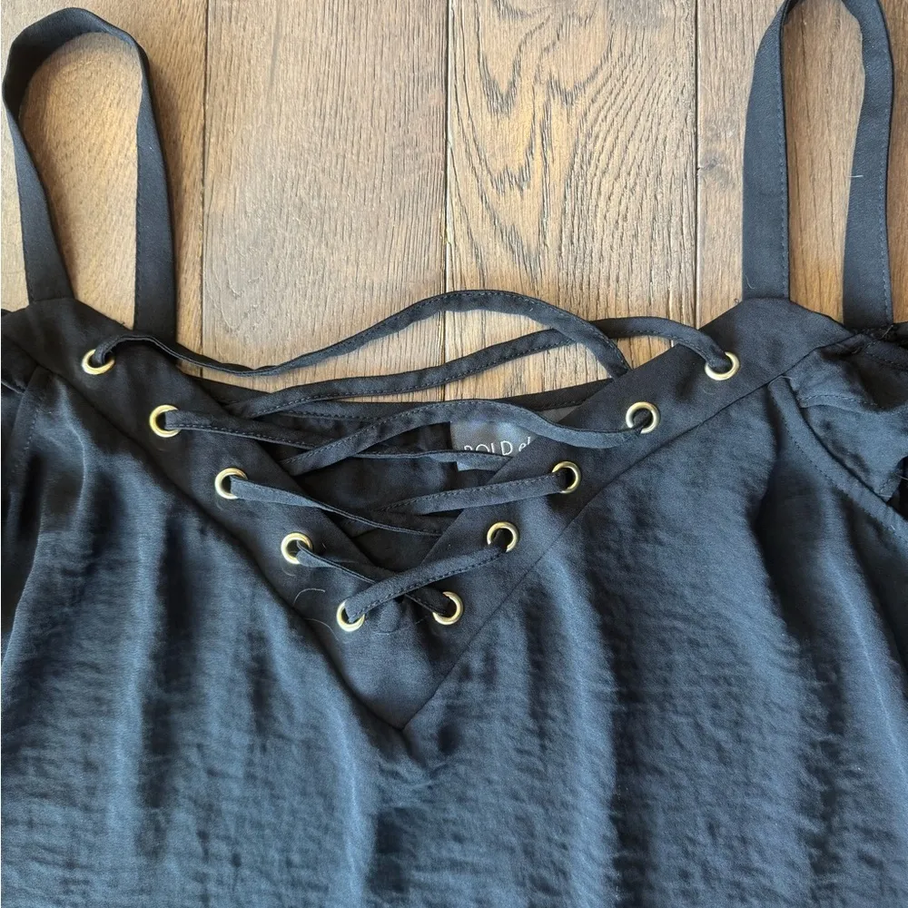 BOLD Elements Cold Shoulder Black Flowy Blouse With Gold Accents - Image 2