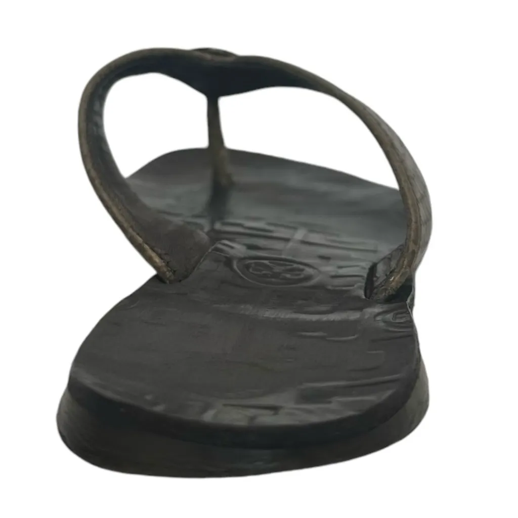 Tory Burch Thora 2 Leather Thong Sandals Pewter Metallic Tumbled Snake Print 7 M - Image 4